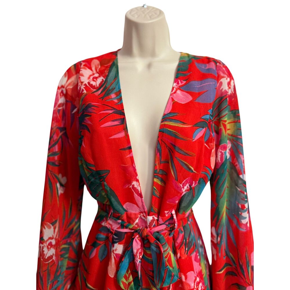 Red Floral Plunging Neckline Romper with Wide Bell Sleeves - Size M - Picture 6 of 11